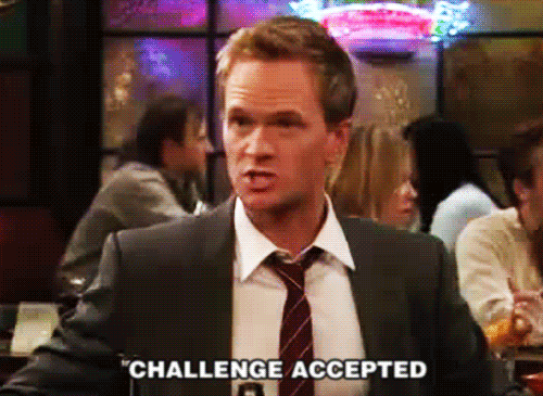 GIF Barney, de How I Met Your Mother, dizendo: "Challenge Accepted"
