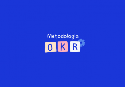 O texto Metodologia OKR está em blocos coloridos com uma engrenagem ao lado representando os OKRs.