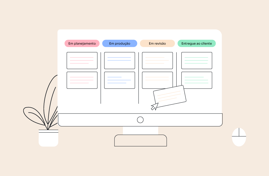 Tela de computador com um quadro Kanban dividido em colunas de status, indicando o fluxo de trabalho na gestão de projetos,