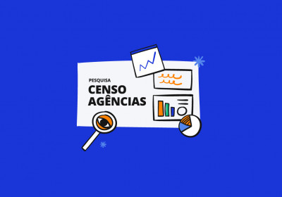 Logo do censo agências com uma lupa e vários gráficos simbolizando os dados de pesquisa coletados e organizados pela Operand.