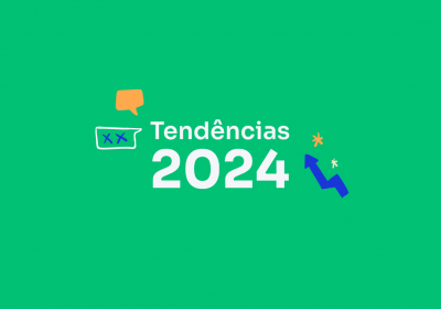 A frase tendências 2024 está rodeada por elementos de crescimento, expansão e novas ideias.