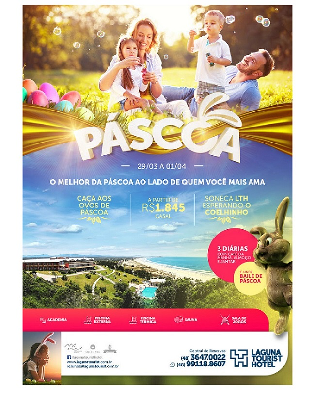 Cartaz do Laguna Hotel mostra uma família sorrindo, praia e descreve atividades de páscoa. Exemplo de campanhas de páscoa.