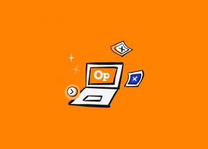 Notebook com o logo Op e alguns elementos que representam funcionalidades do sistema. Aprenda como usar o Operand!