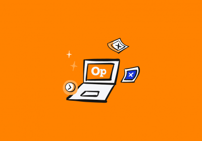 Notebook com o logo Op e alguns elementos que representam funcionalidades do sistema. Aprenda como usar o Operand!