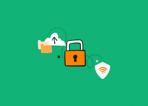 Cadeado ao centro e símbolos de pastas, wifi e download representando dicas de segurança online.
