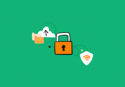 Cadeado ao centro e símbolos de pastas, wifi e download representando dicas de segurança online.