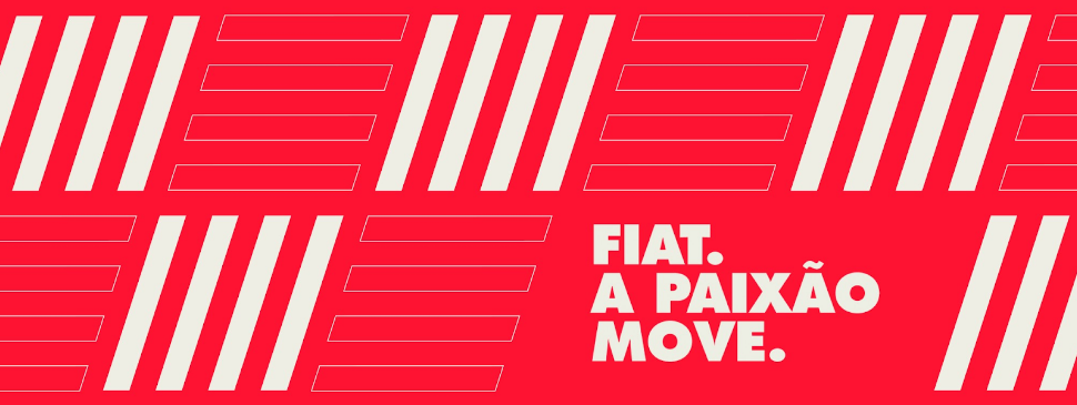 Fundo vermelho com linhas brancas e a frase "Fiat. A paixão move.", representando uma tagline, diferente de um slogan.