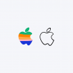 Logo Apple clássico colorido e ao lado o logo minimalista, demonstrando rebranding dessa e de outras marcas famosas.