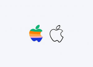 Logo Apple clássico colorido e ao lado o logo minimalista, demonstrando rebranding dessa e de outras marcas famosas.