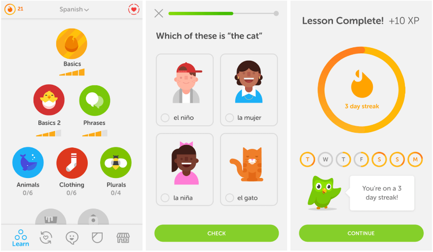 Exemplo do uso de gamificação em outras plataformas, como o Duolingo, app de idiomas.