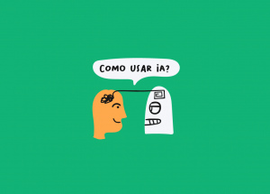 Pessoa e robô conectados com a frase “Como usar IA?”. Representa interação com inteligência artificial.