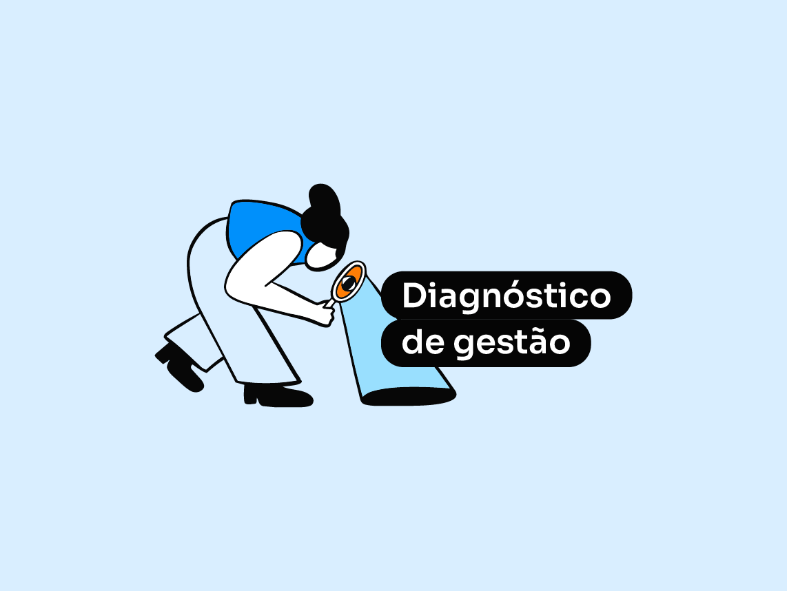 Pessoa analisando um gráfico com lupa, representando diagnóstico empresarial e análise de indicadores.